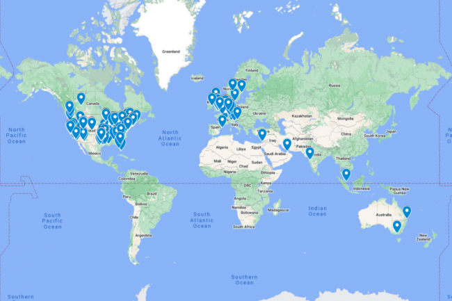 World map highlighting our global client base, showcasing markers to represent our global reach.